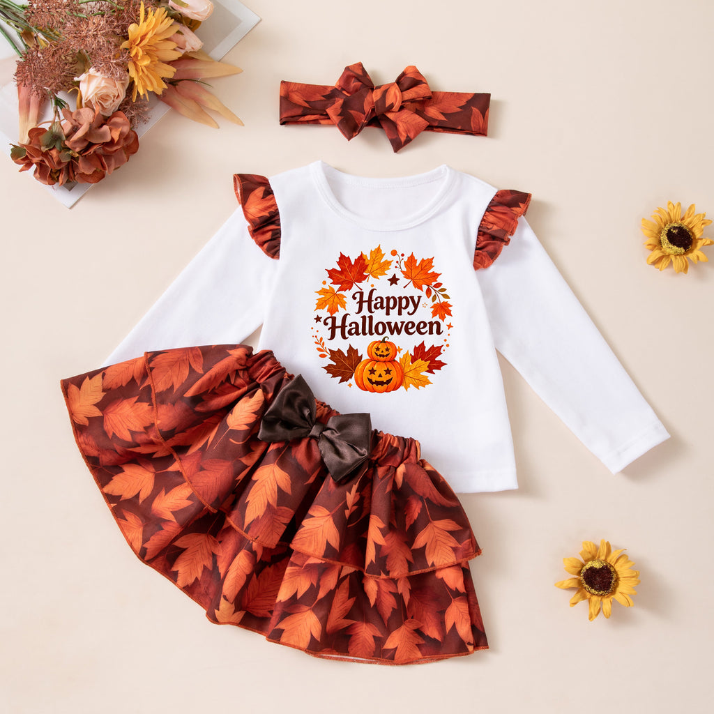 Halloween Maple Leaf Long Sleeve T-Shirt Set for Girls, Satin Maple Leaf Skirt with Headband, Thanksgiving Baby Party Outfit