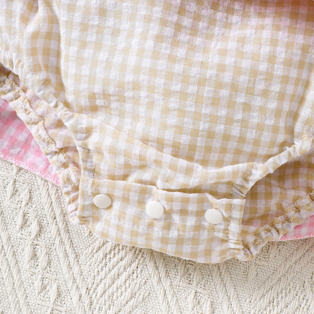 Baby Romper with Pumpkin Embroidery Plaid Overall Dress for Girls Summer Halloween Outfit