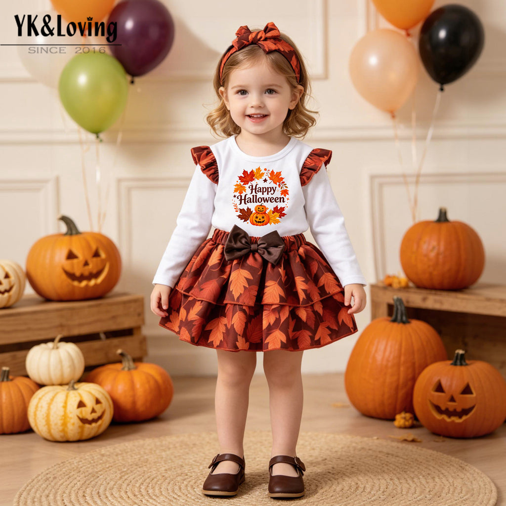 Halloween Maple Leaf Long Sleeve T-Shirt Set for Girls, Satin Maple Leaf Skirt with Headband, Thanksgiving Baby Party Outfit