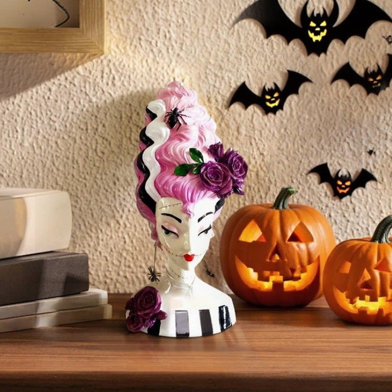 Halloween Pink Frankenstein Bride Half-Body Statue Decor Home Decoration Resin Craft