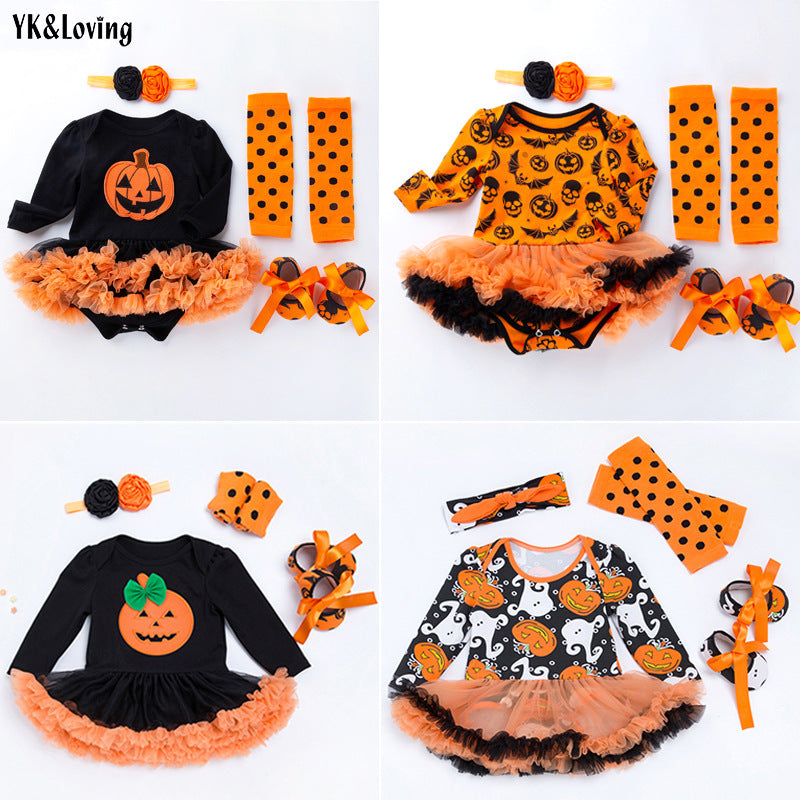 Cute Long Sleeve Romper Dress for Baby Girls, Halloween Pumpkin Outfit, 4-Piece Set