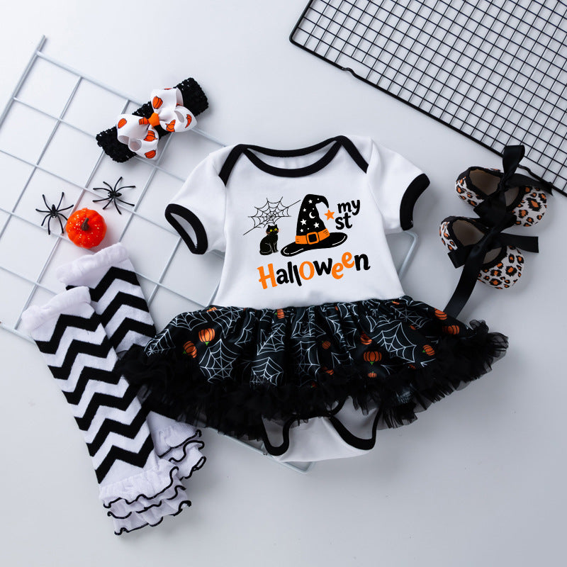 Halloween Baby Girl Costume with Embroidered Witch Hat, Short Sleeve Princess Dress and Socks Set