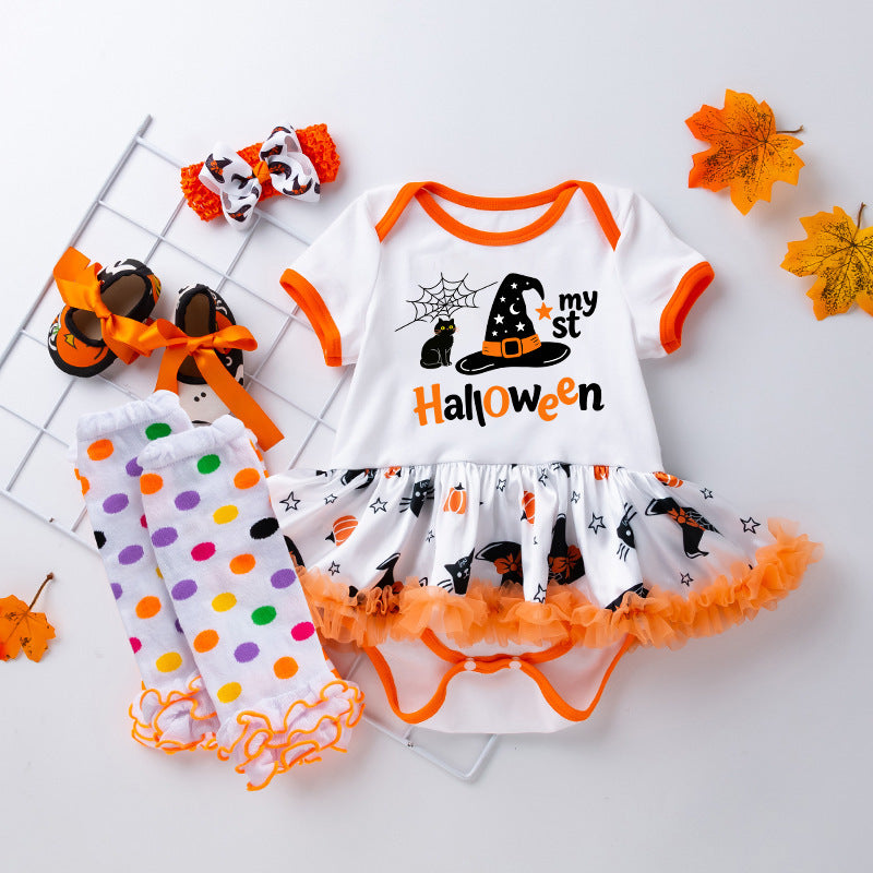 Halloween Baby Girl Costume with Embroidered Witch Hat, Short Sleeve Princess Dress and Socks Set