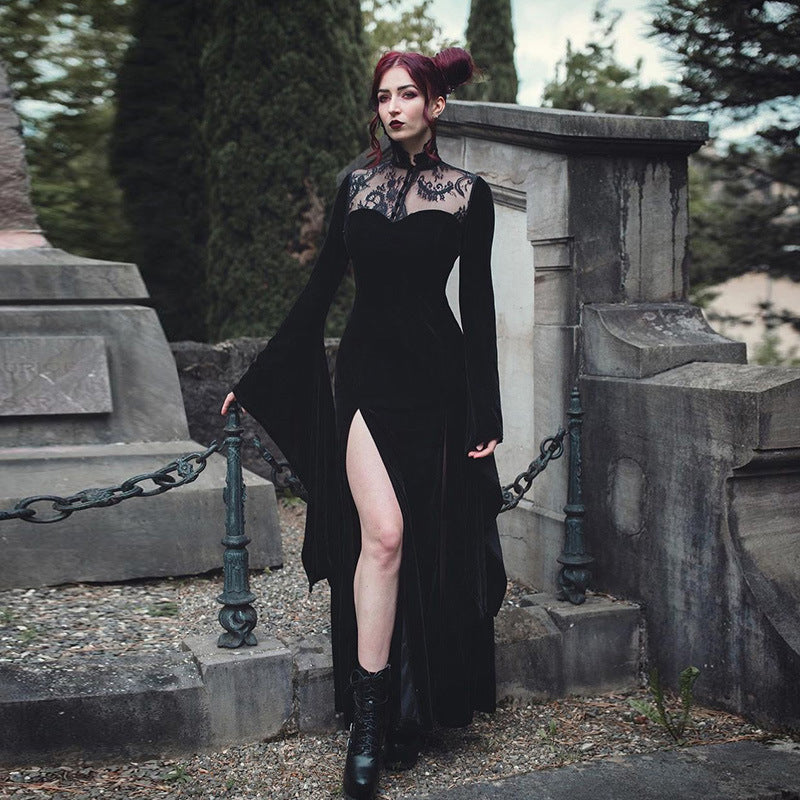 Halloween Witch Sexy Split Long Dress Style Lace Cut-out Flared Sleeve Dress for Women