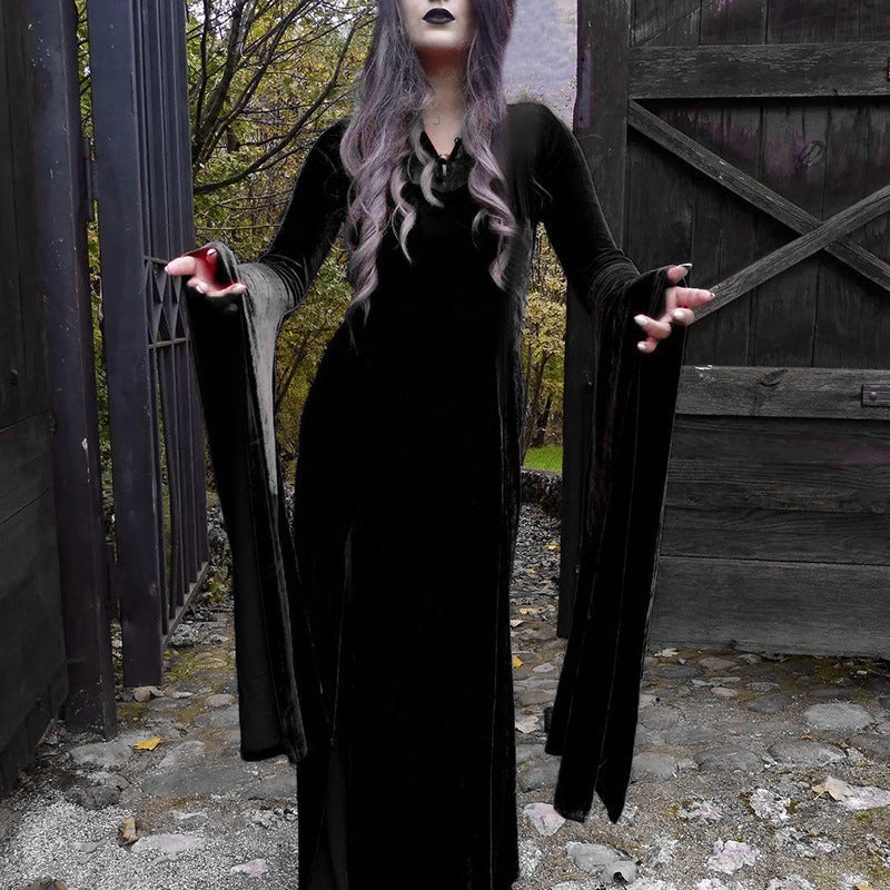Halloween Witch Sexy Split Long Dress Style Lace Cut-out Flared Sleeve Dress for Women