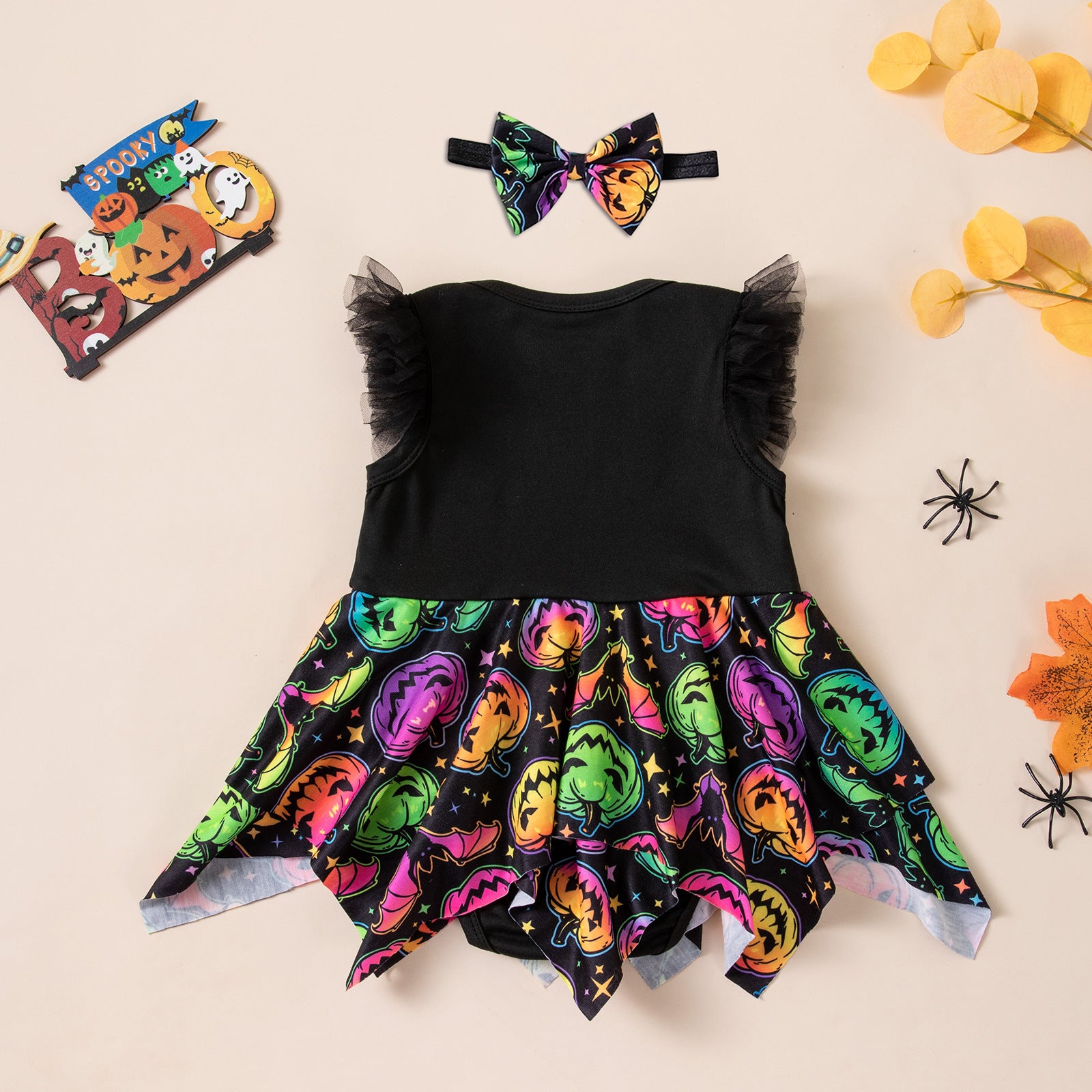 Cute Baby Girl Flutter Sleeve Pumpkin Print Bodysuit Dress Halloween Theme Toddler Festival Photo Shoot Costume