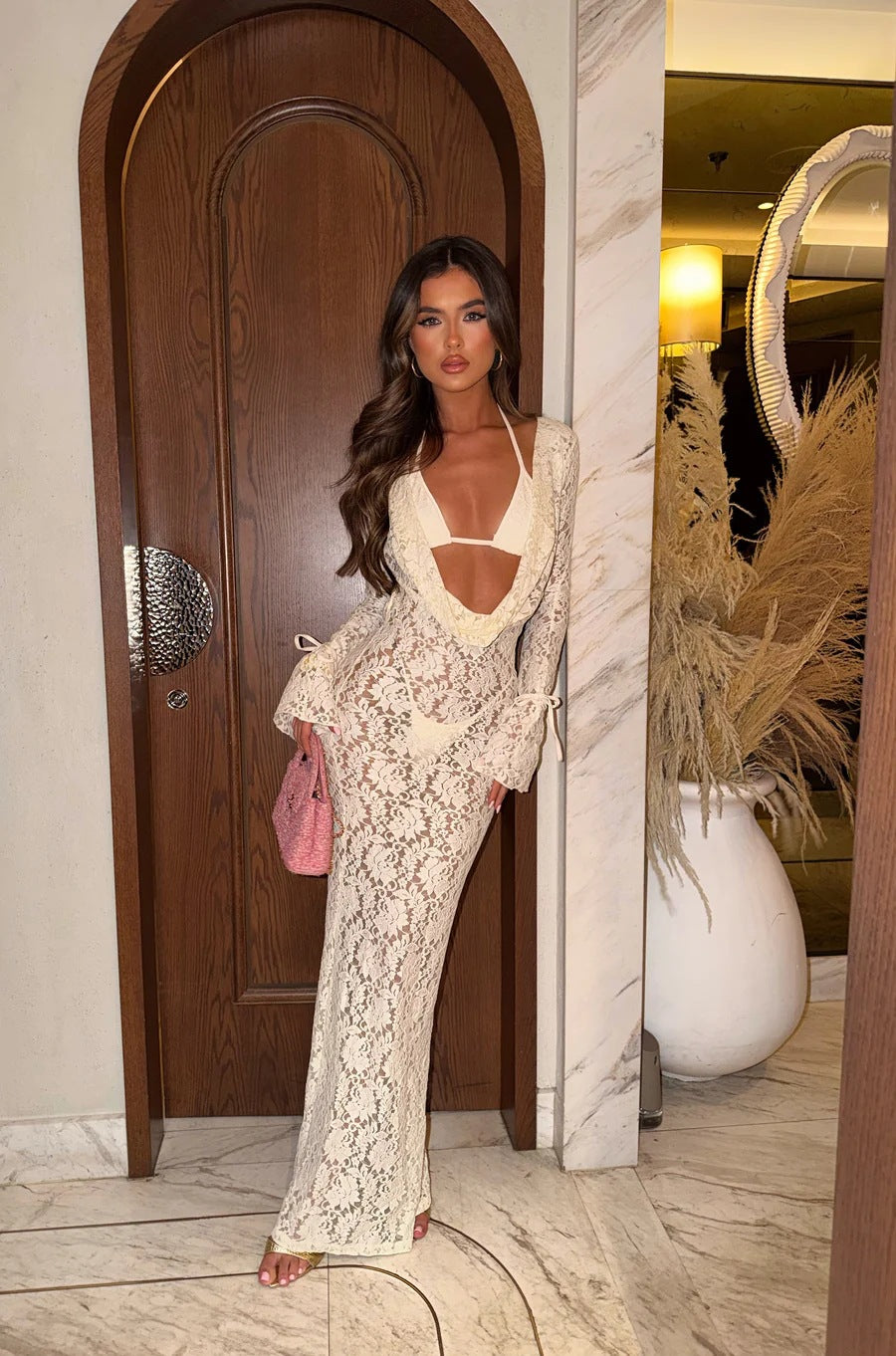 Solid color sexy lace long sleeved dress three piece set mesh swimsuit bikini