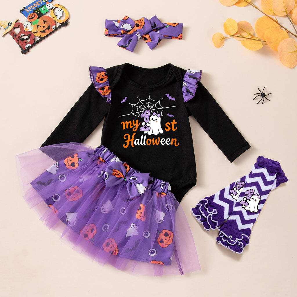 Cute Halloween Baby Girl Outfit Long Sleeve Romper with Ghost and Pumpkin Print, Skirt and Socks Set