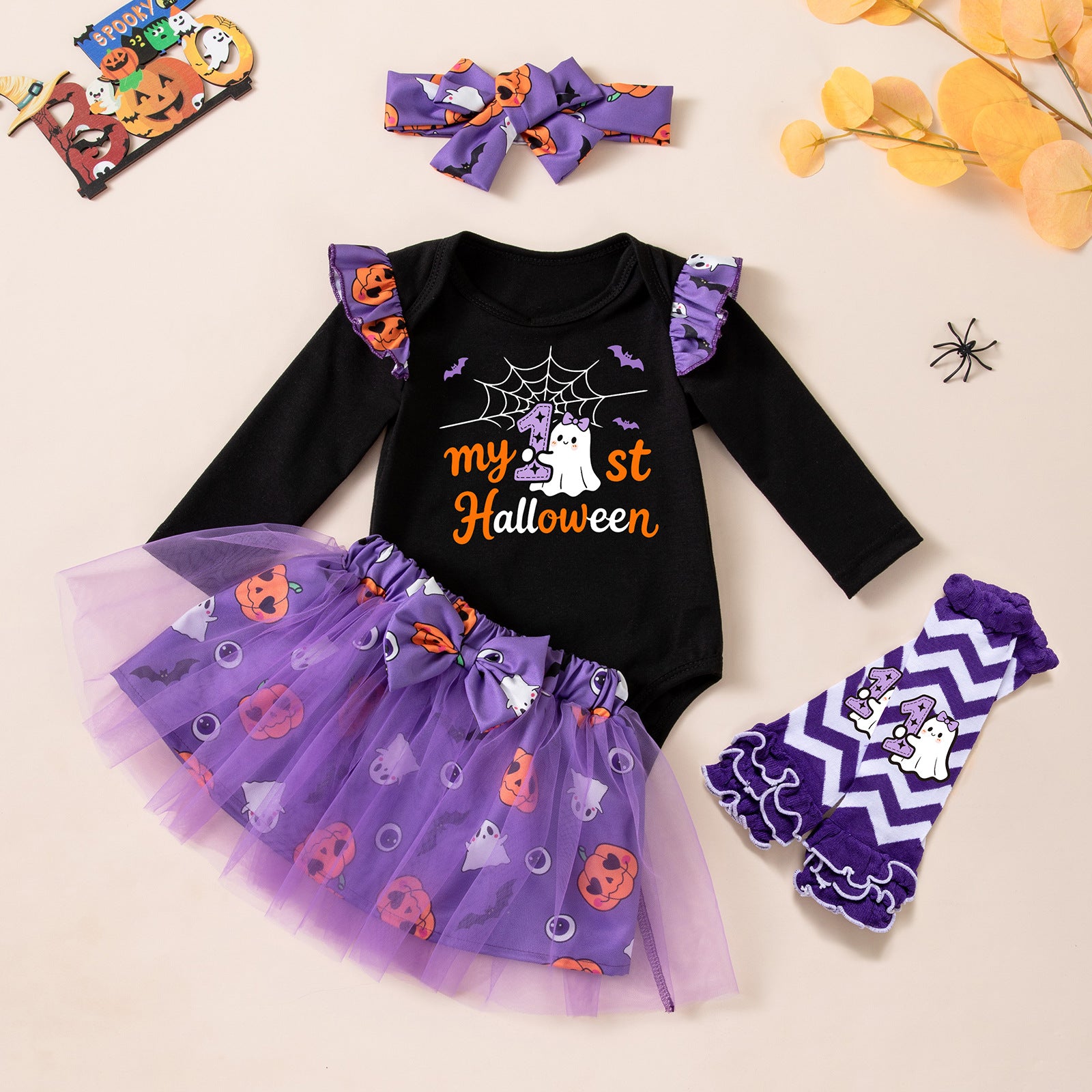 Cute Halloween Baby Girl Outfit Long Sleeve Romper with Ghost and Pumpkin Print, Skirt and Socks Set