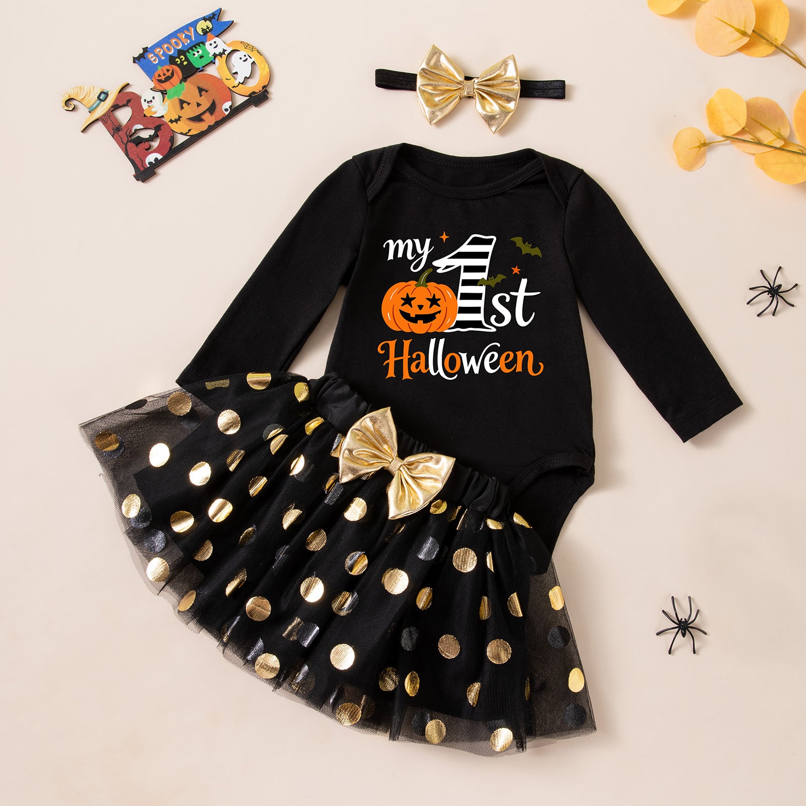 Cute Baby Halloween Long Sleeve Bodysuit with Gold Polka Dot Mesh Skirt, Headband, Pumpkin Socks Set - 4-Piece Outfit
