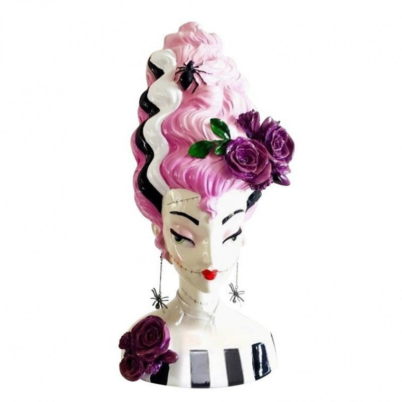 Halloween Pink Frankenstein Bride Half-Body Statue Decor Home Decoration Resin Craft