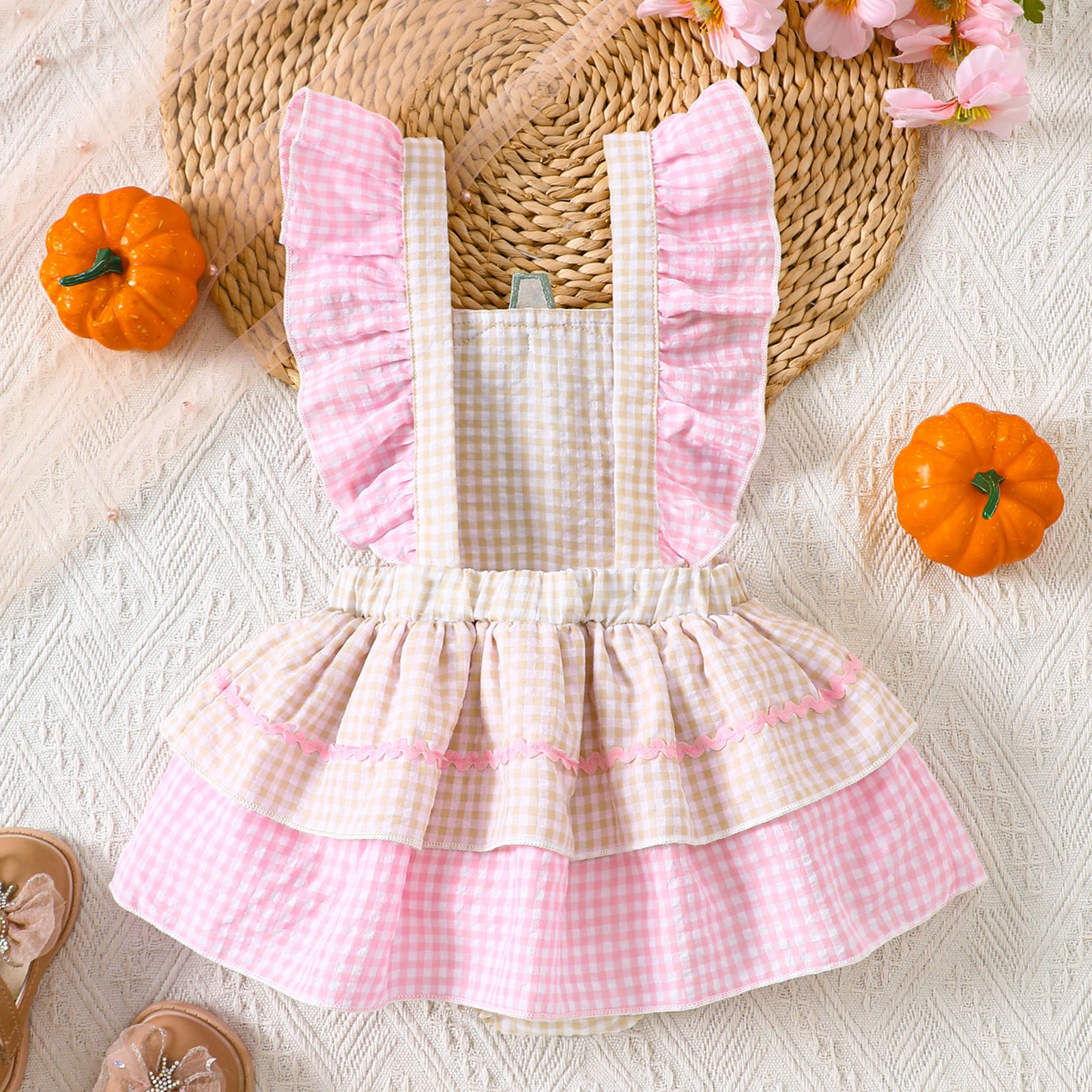 Baby Romper with Pumpkin Embroidery Plaid Overall Dress for Girls Summer Halloween Outfit