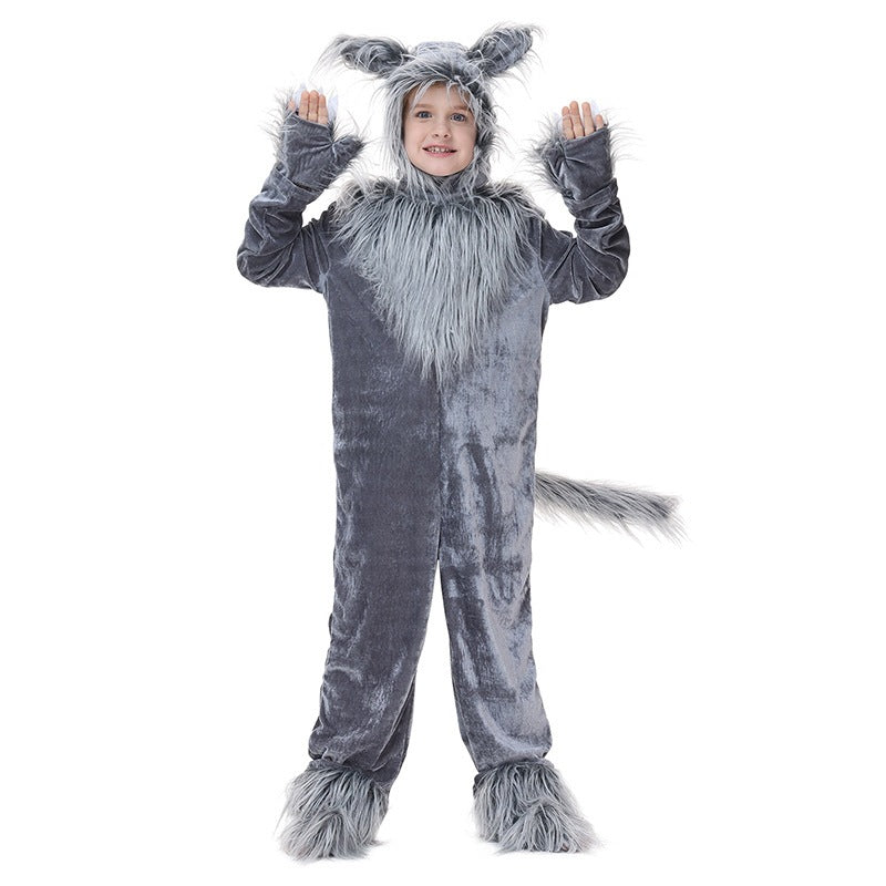 Neutral Children's Gray Wolf Costume Animal Outfit Halloween Fairy Tale Stage Performance Clothing