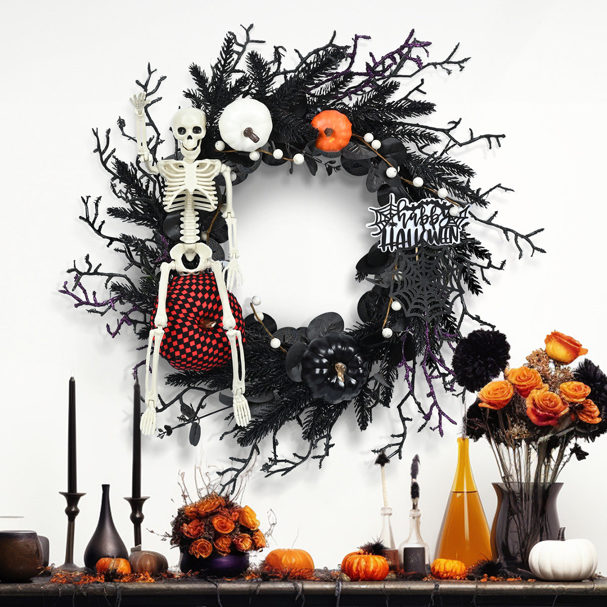 Halloween Decoration Vine Ring Pumpkin Skull Dry Branches Halloween Party Hanging Decorations Halloween Wreath
