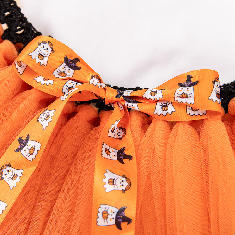 Baby Halloween Costume Cotton Short Sleeve Embroidered Witch Hat Pumpkin Romper Bowknot Handmade Set
