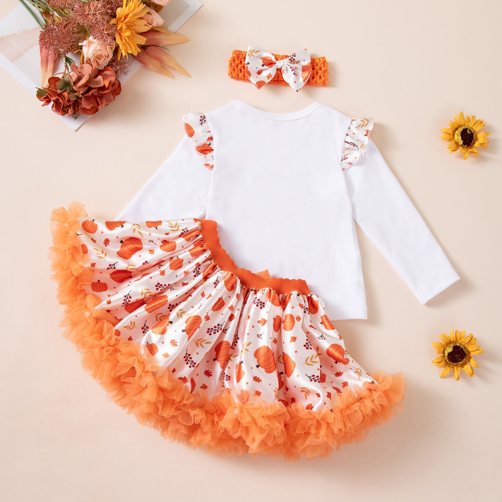 Girls' Halloween Long Sleeve Printed Pumpkin T-Shirt, Satin Skirt, Headband 3-Piece Set for Kids Party Outfit