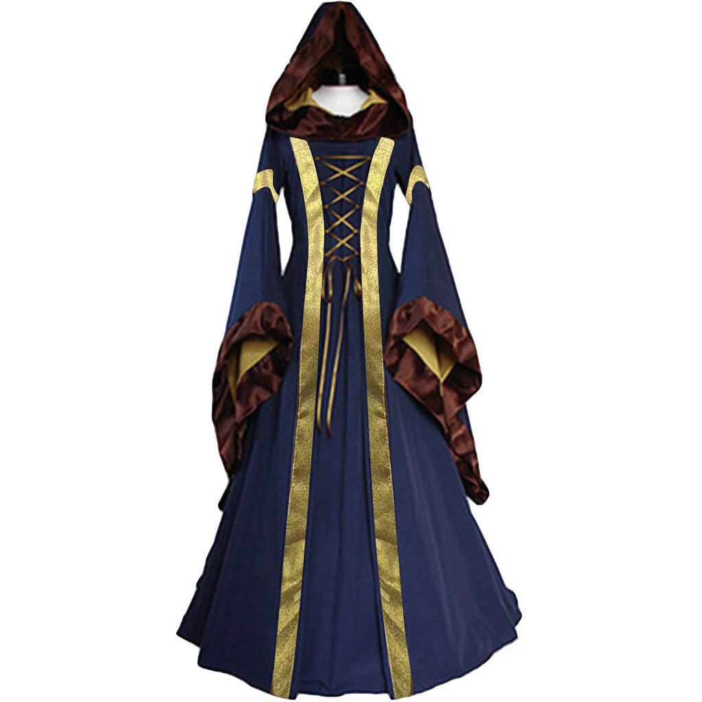 Performance Dress Medieval Vintage Long Dress Cosplay Victorian Retro Hooded Dress Flared Sleeve