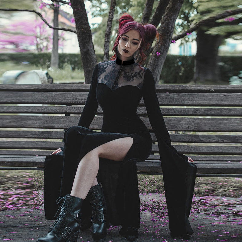 Halloween Witch Sexy Split Long Dress Style Lace Cut-out Flared Sleeve Dress for Women