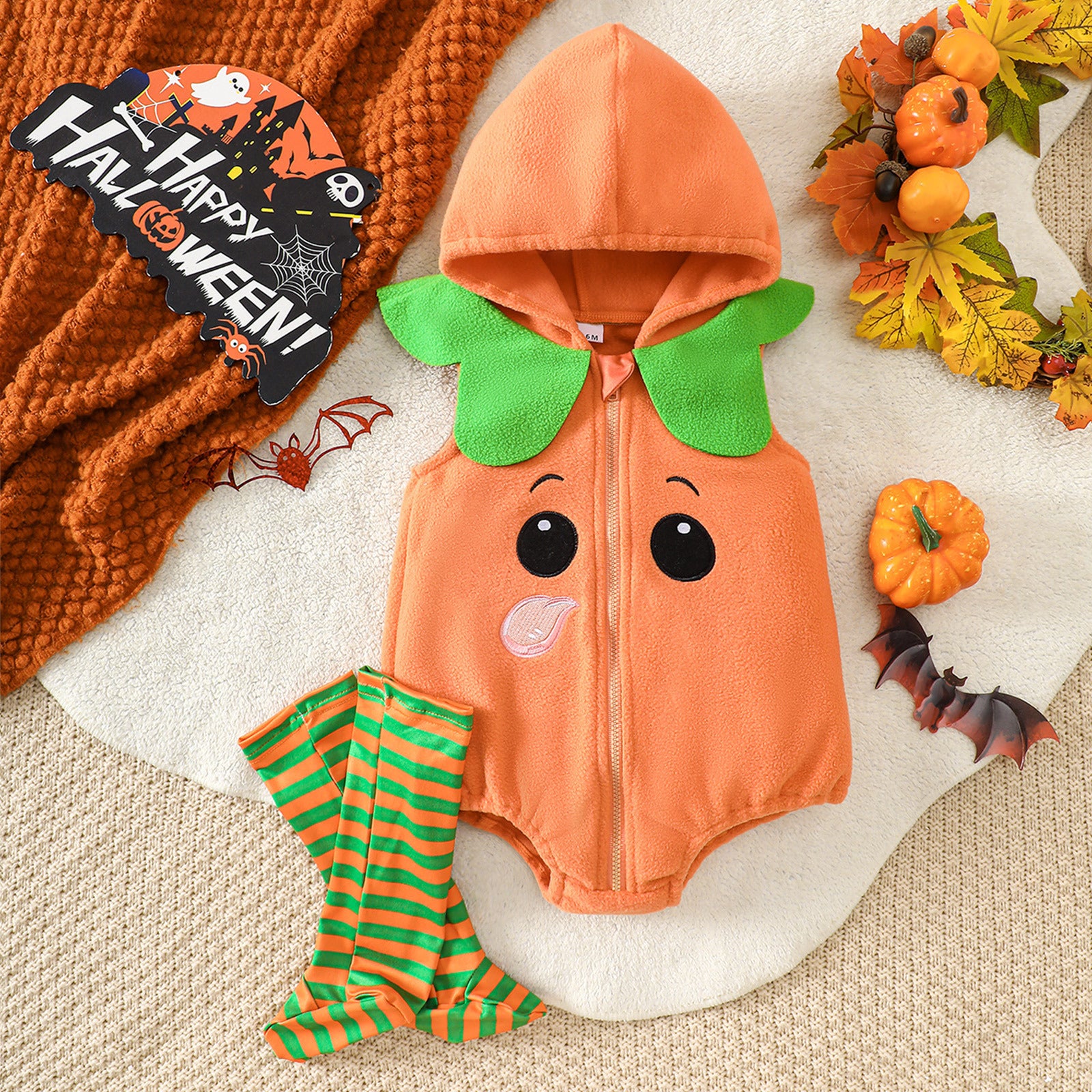 Infant Pumpkin Costume Onesie Halloween Kids Party Performance Outfit Baby Socks 2-Piece Set Children's Clothing