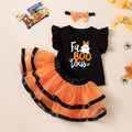 Halloween Kids Costume Set with Flutter Sleeve T-Shirt, Skirt, Ghost Print Festival Party Outfit