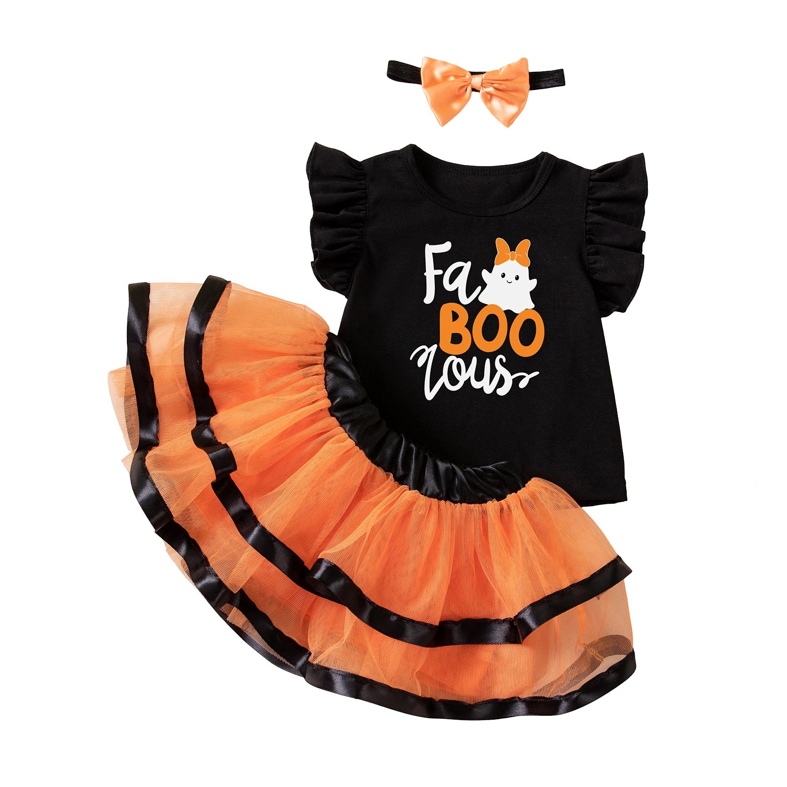 Halloween Kids Costume Set with Flutter Sleeve T-Shirt, Skirt, Ghost Print Festival Party Outfit