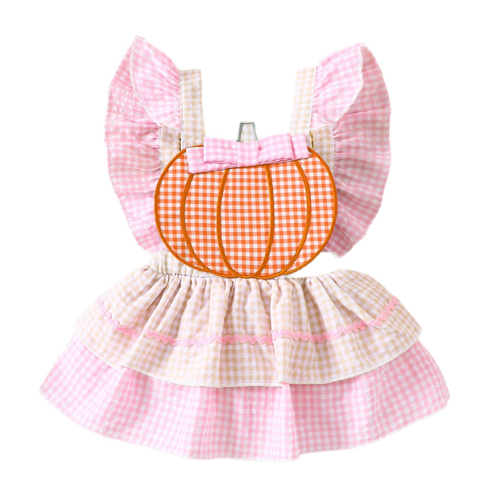 Baby Romper with Pumpkin Embroidery Plaid Overall Dress for Girls Summer Halloween Outfit