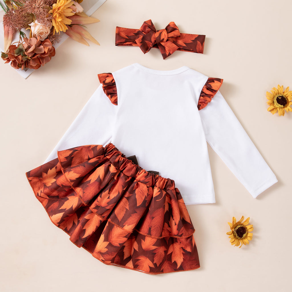 Halloween Maple Leaf Long Sleeve T-Shirt Set for Girls, Satin Maple Leaf Skirt with Headband, Thanksgiving Baby Party Outfit