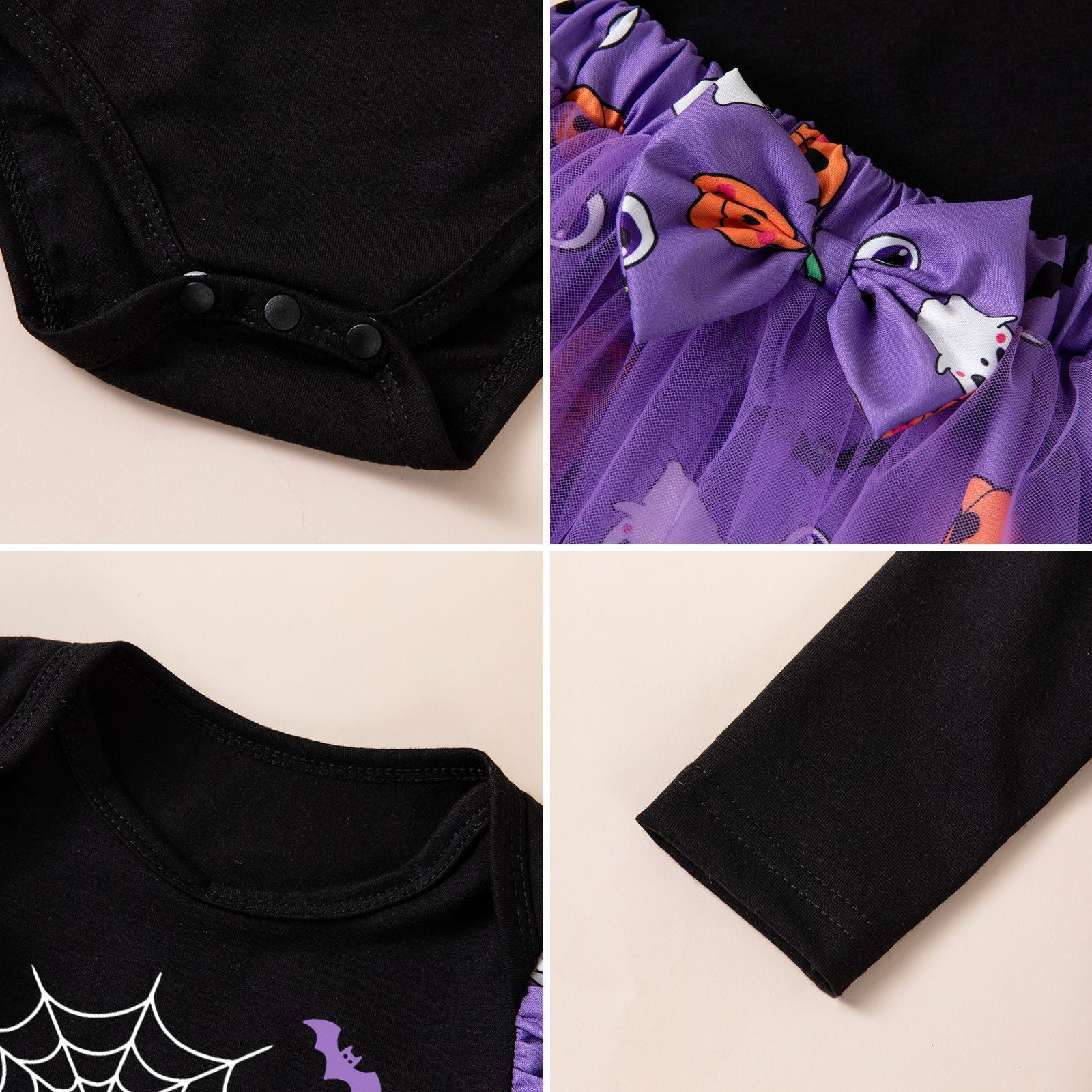 Cute Halloween Baby Girl Outfit Long Sleeve Romper with Ghost and Pumpkin Print, Skirt and Socks Set