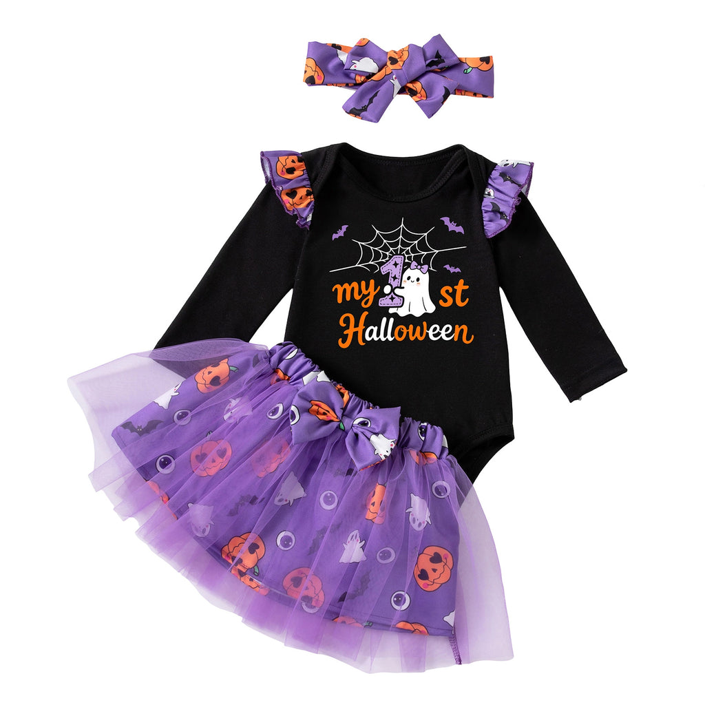 Cute Halloween Baby Girl Outfit Long Sleeve Romper with Ghost and Pumpkin Print, Skirt and Socks Set