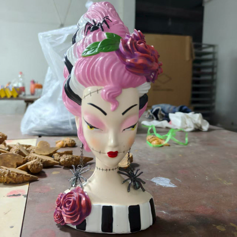 Halloween Pink Frankenstein Bride Half-Body Statue Decor Home Decoration Resin Craft