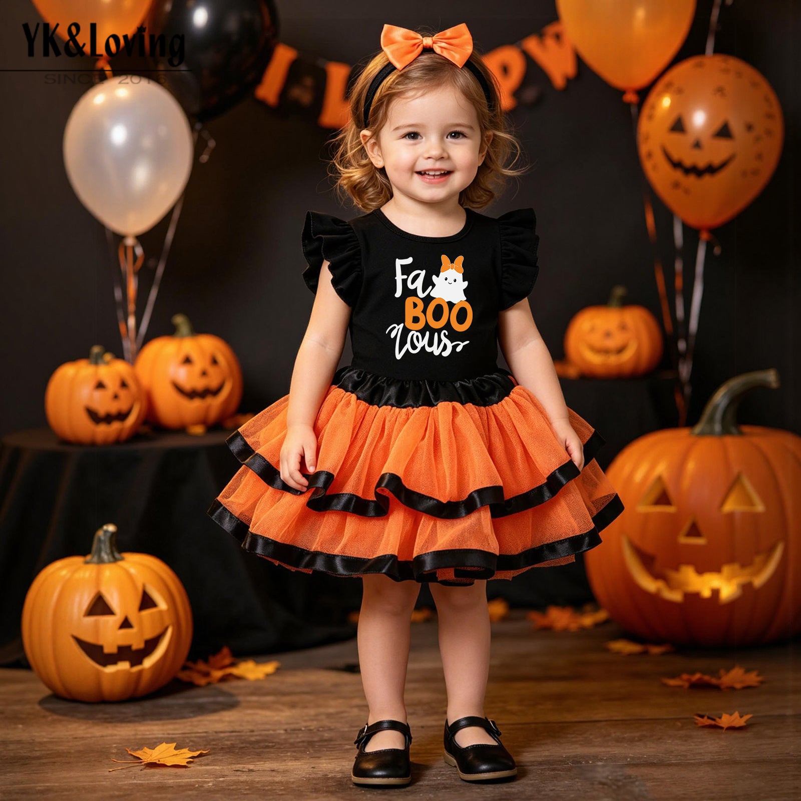 Halloween Kids Costume Set with Flutter Sleeve T-Shirt, Skirt, Ghost Print Festival Party Outfit