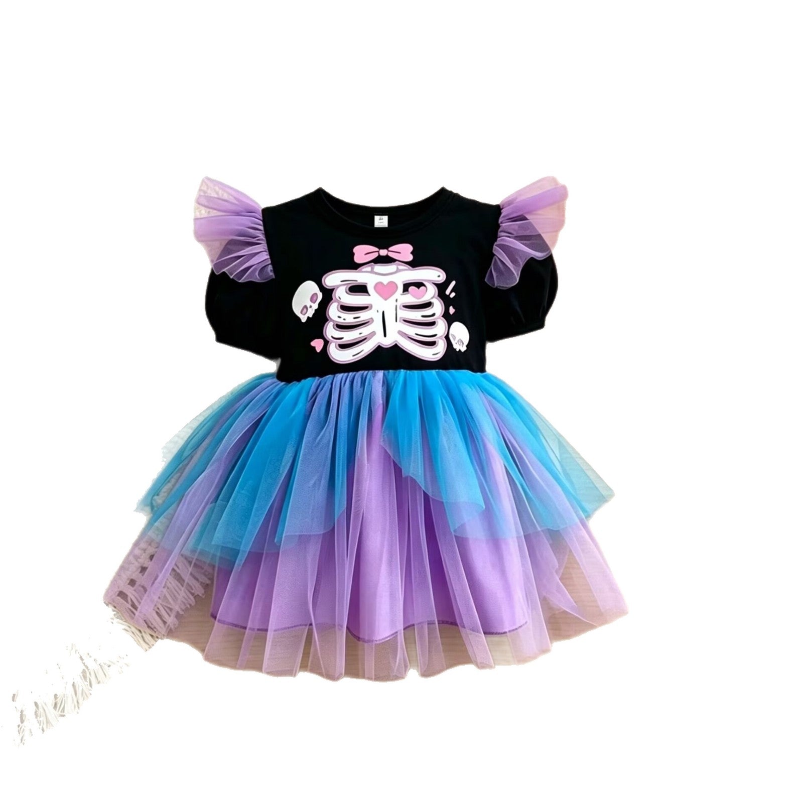 Children's Halloween Skeleton Print Long Sleeve Mesh Dress Wholesale Kids Clothing