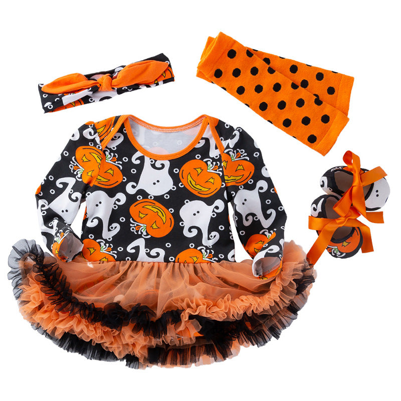 Cute Long Sleeve Romper Dress for Baby Girls, Halloween Pumpkin Outfit, 4-Piece Set