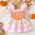 Baby Romper with Pumpkin Embroidery Plaid Overall Dress for Girls Summer Halloween Outfit