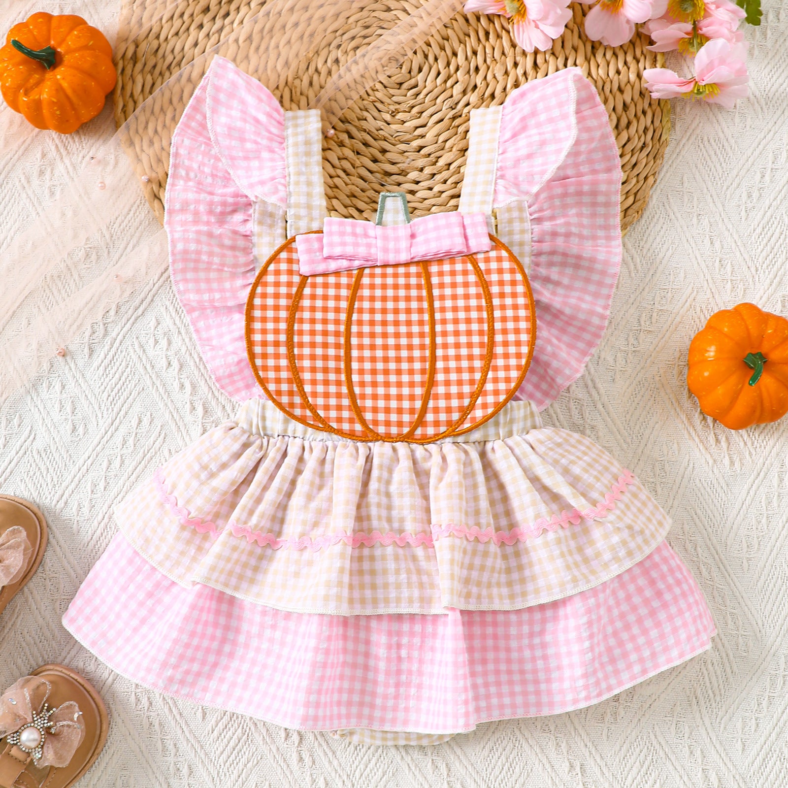 Baby Romper with Pumpkin Embroidery Plaid Overall Dress for Girls Summer Halloween Outfit