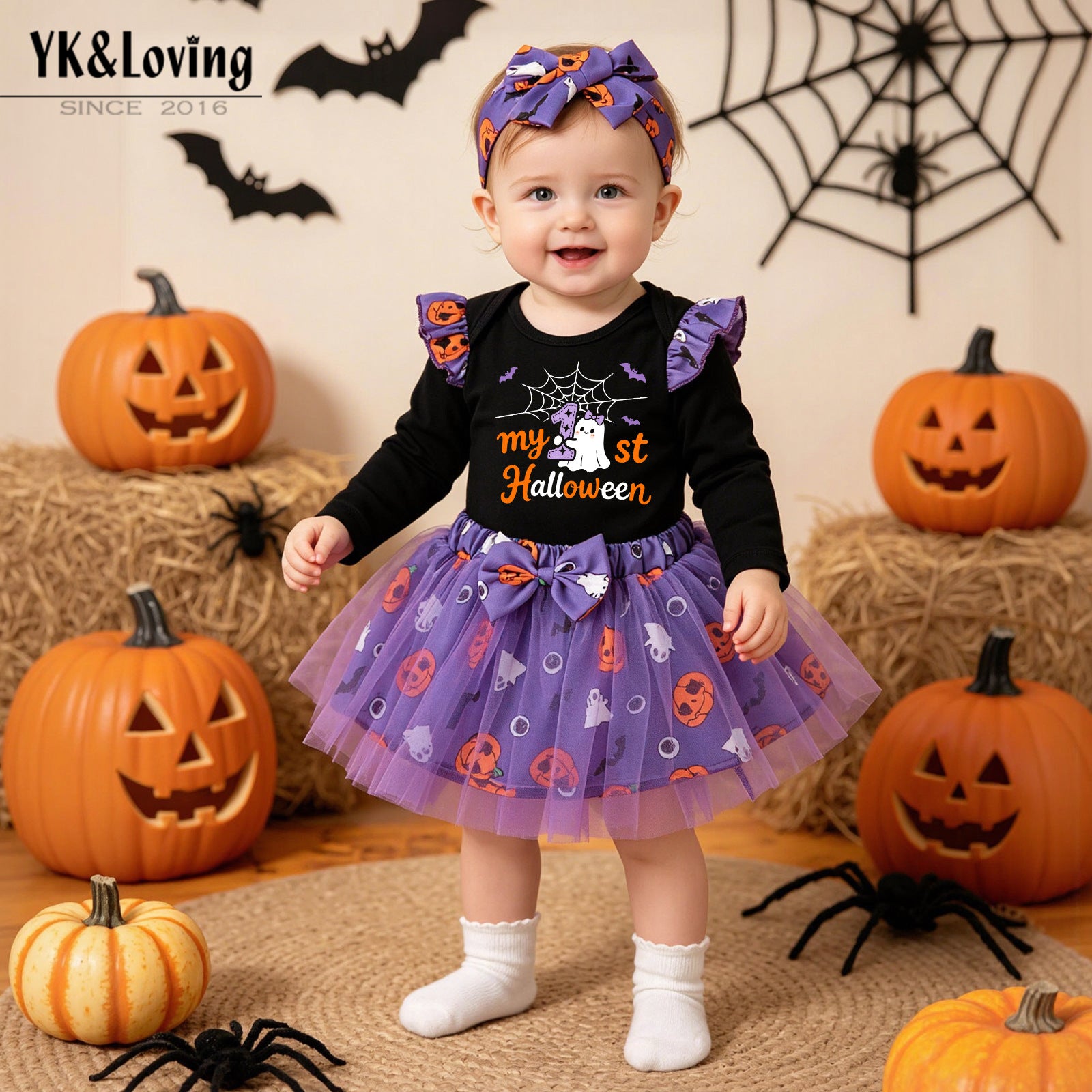 Cute Halloween Baby Girl Outfit Long Sleeve Romper with Ghost and Pumpkin Print, Skirt and Socks Set