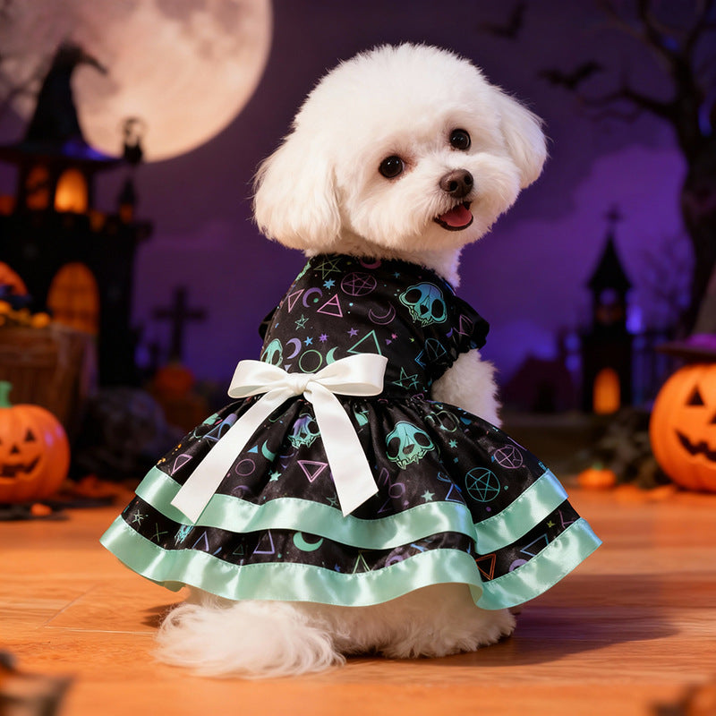 Pet Clothes Dog Halloween Pumpkin Colorful Skull Halloween Party Dress Double Layer Bow Skirt