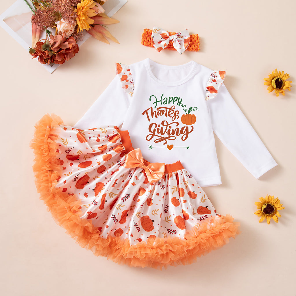 Girls' Halloween Long Sleeve Printed Pumpkin T-Shirt, Satin Skirt, Headband 3-Piece Set for Kids Party Outfit