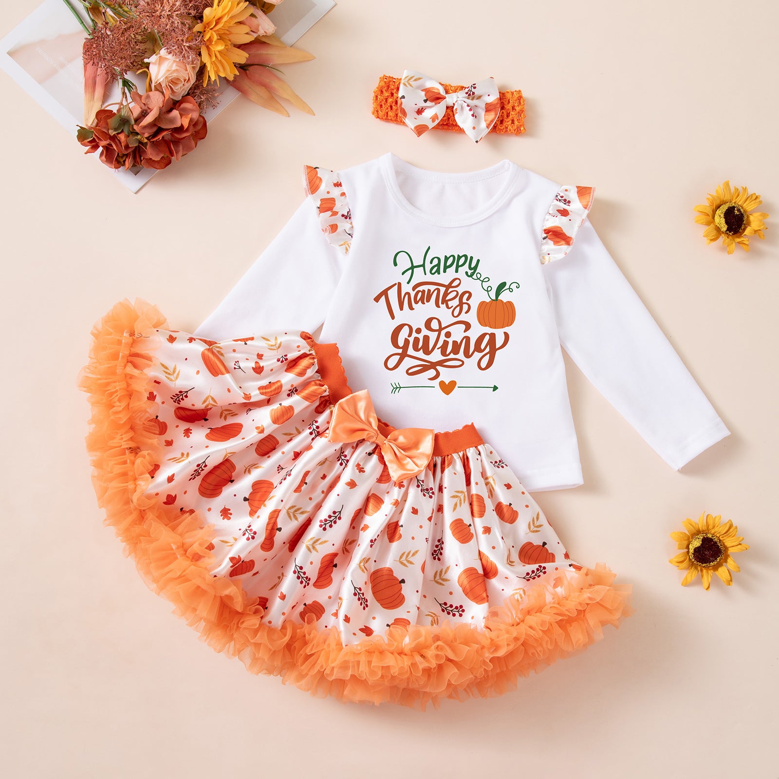 Girls' Halloween Long Sleeve Printed Pumpkin T-Shirt, Satin Skirt, Headband 3-Piece Set for Kids Party Outfit