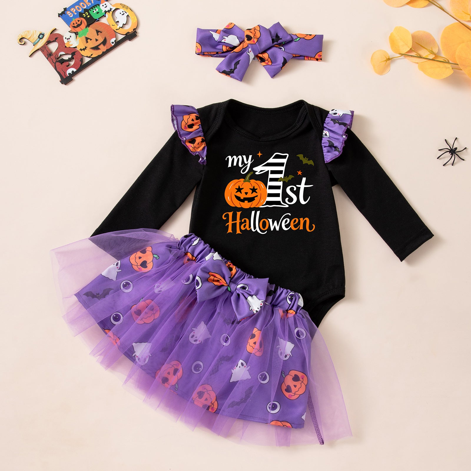 Cute Halloween Baby Girl Outfit Long Sleeve Romper with Ghost and Pumpkin Print, Skirt and Socks Set