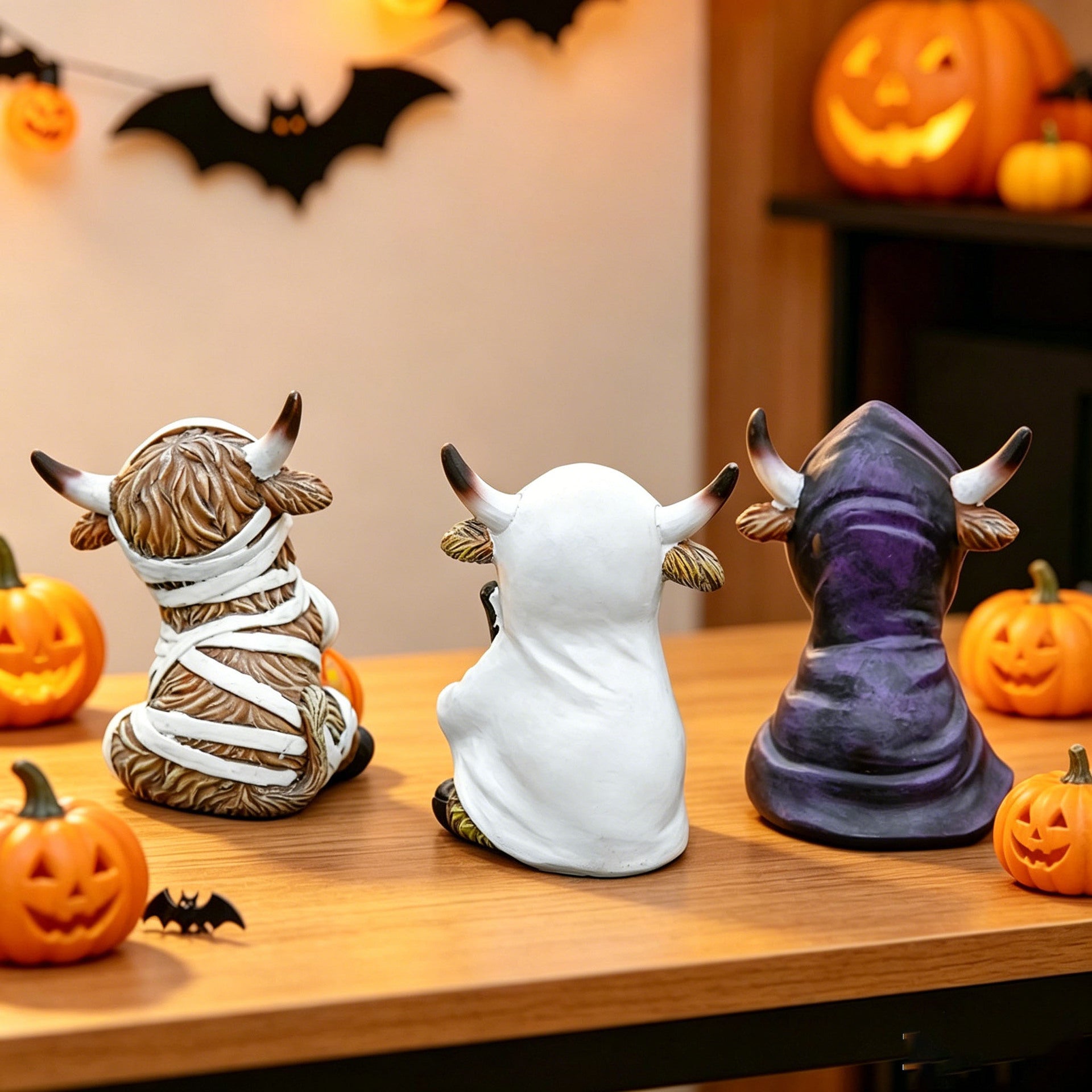 Halloween Highland Cow Resin Pumpkin Animal Figurine for Home Decoration