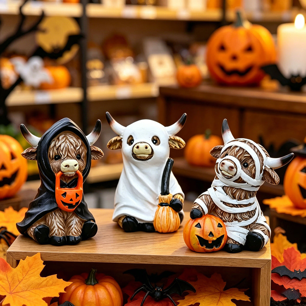Halloween Highland Cow Resin Pumpkin Animal Figurine for Home Decoration