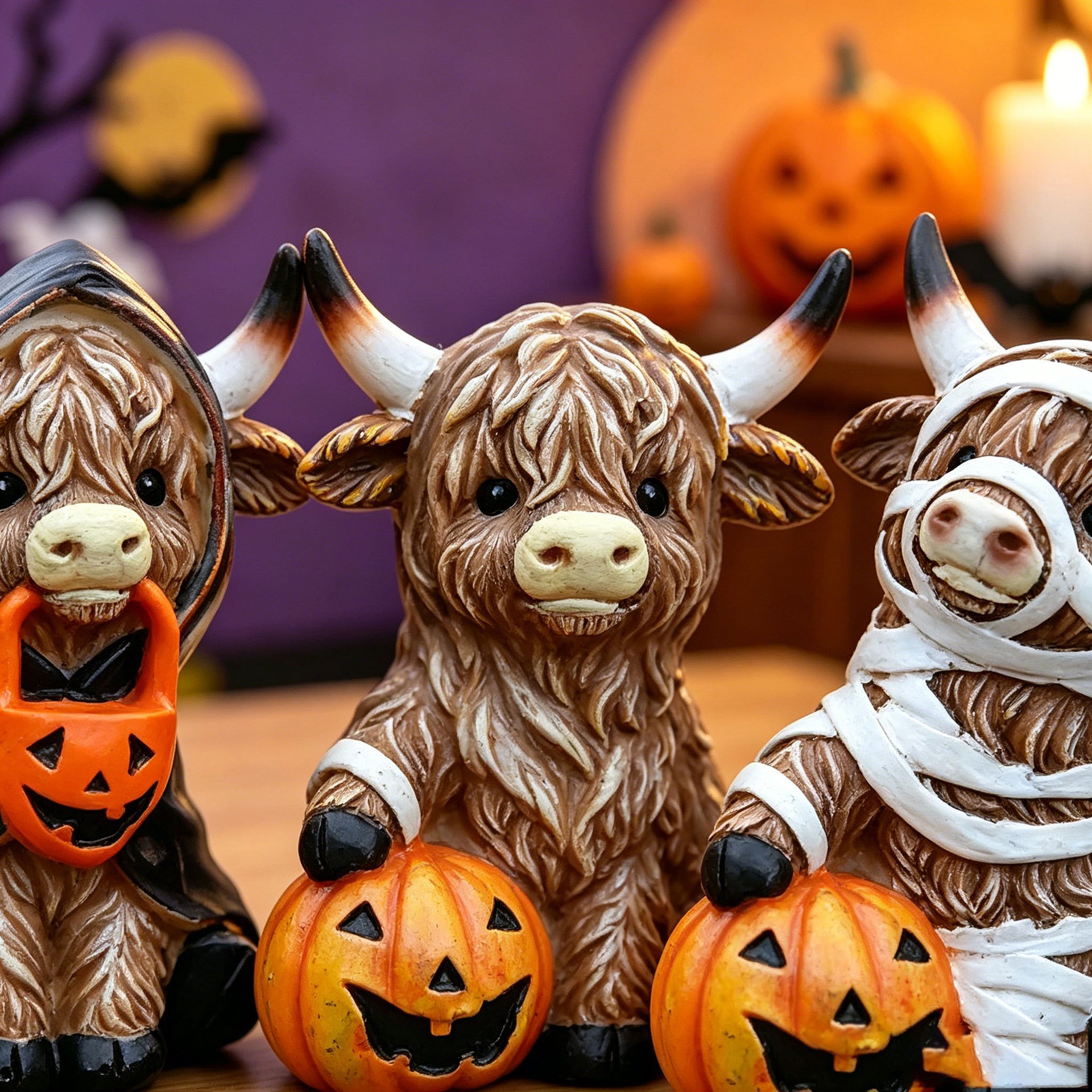 Halloween Highland Cow Resin Pumpkin Animal Figurine for Home Decoration