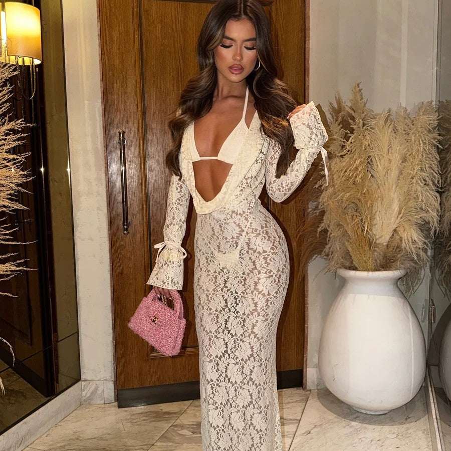 Solid color sexy lace long sleeved dress three piece set mesh swimsuit bikini