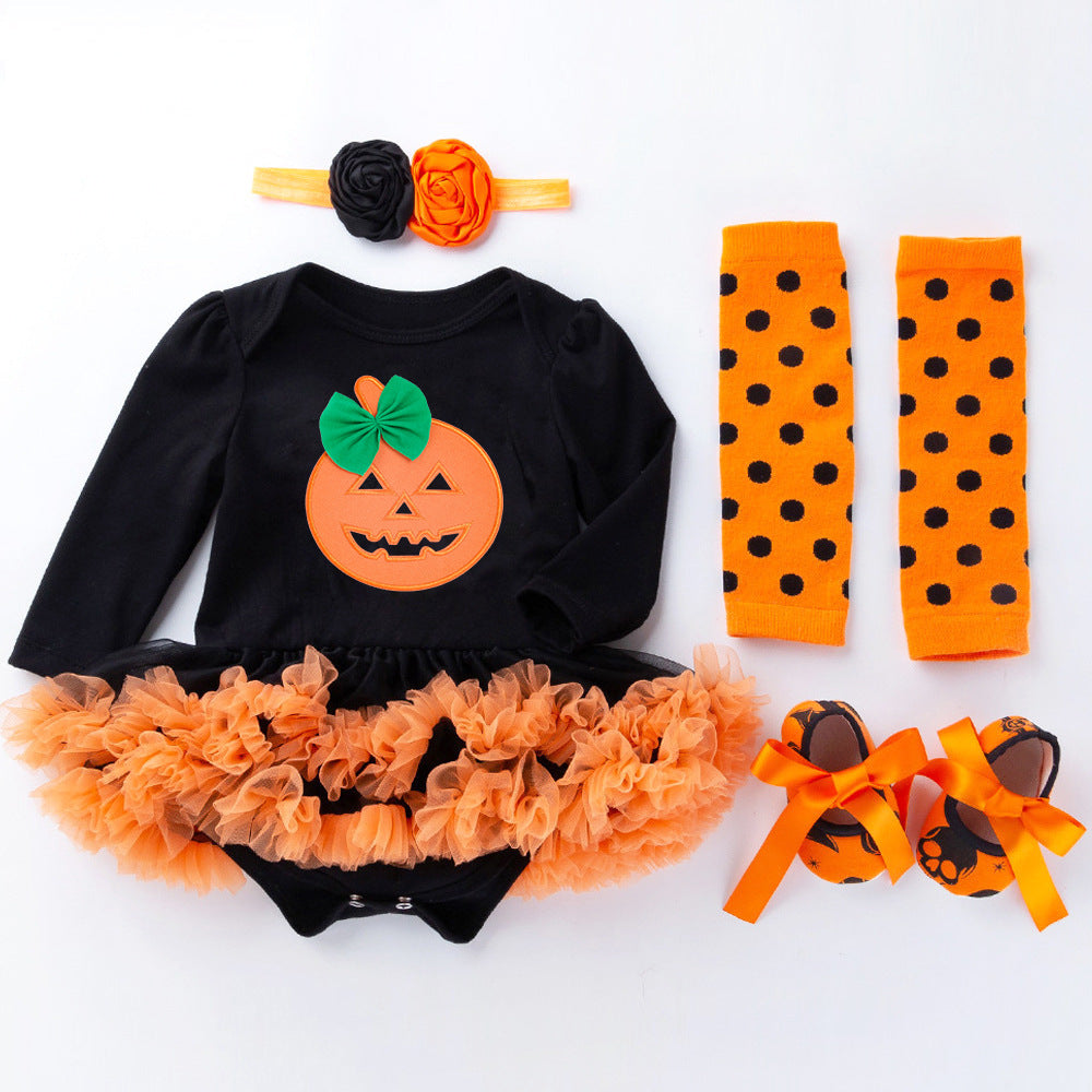Cute Long Sleeve Romper Dress for Baby Girls, Halloween Pumpkin Outfit, 4-Piece Set