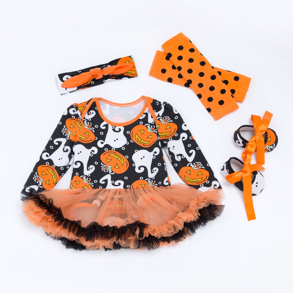 Cute Long Sleeve Romper Dress for Baby Girls, Halloween Pumpkin Outfit, 4-Piece Set