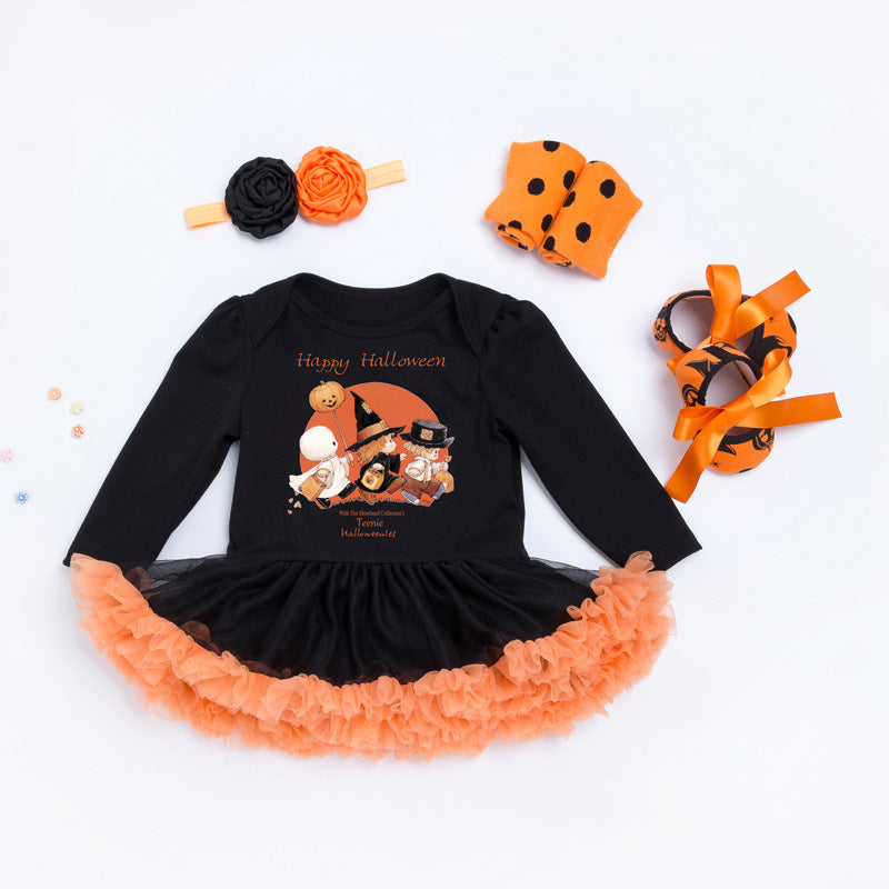 Cute Long Sleeve Romper Dress for Baby Girls, Halloween Pumpkin Outfit, 4-Piece Set