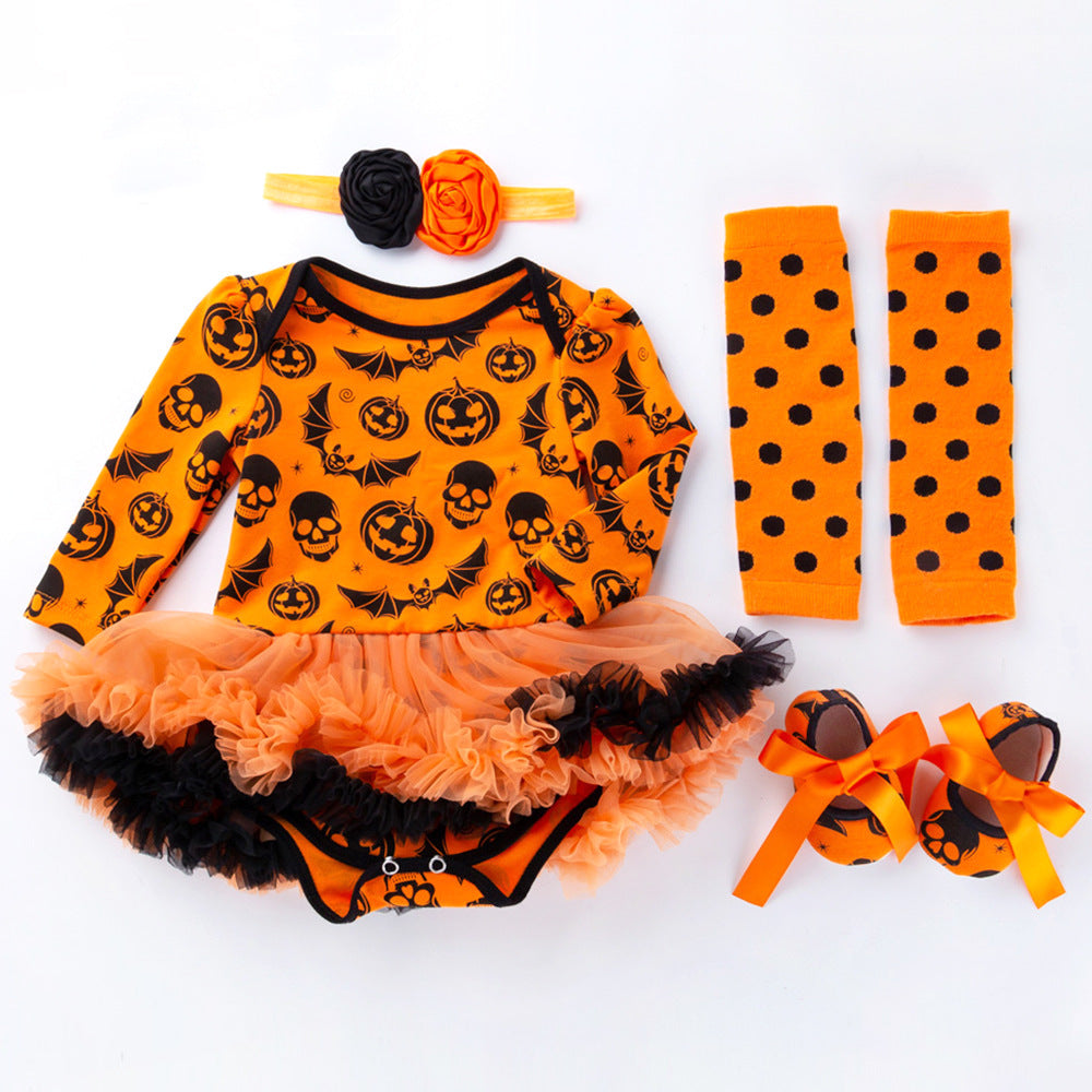 Cute Long Sleeve Romper Dress for Baby Girls, Halloween Pumpkin Outfit, 4-Piece Set