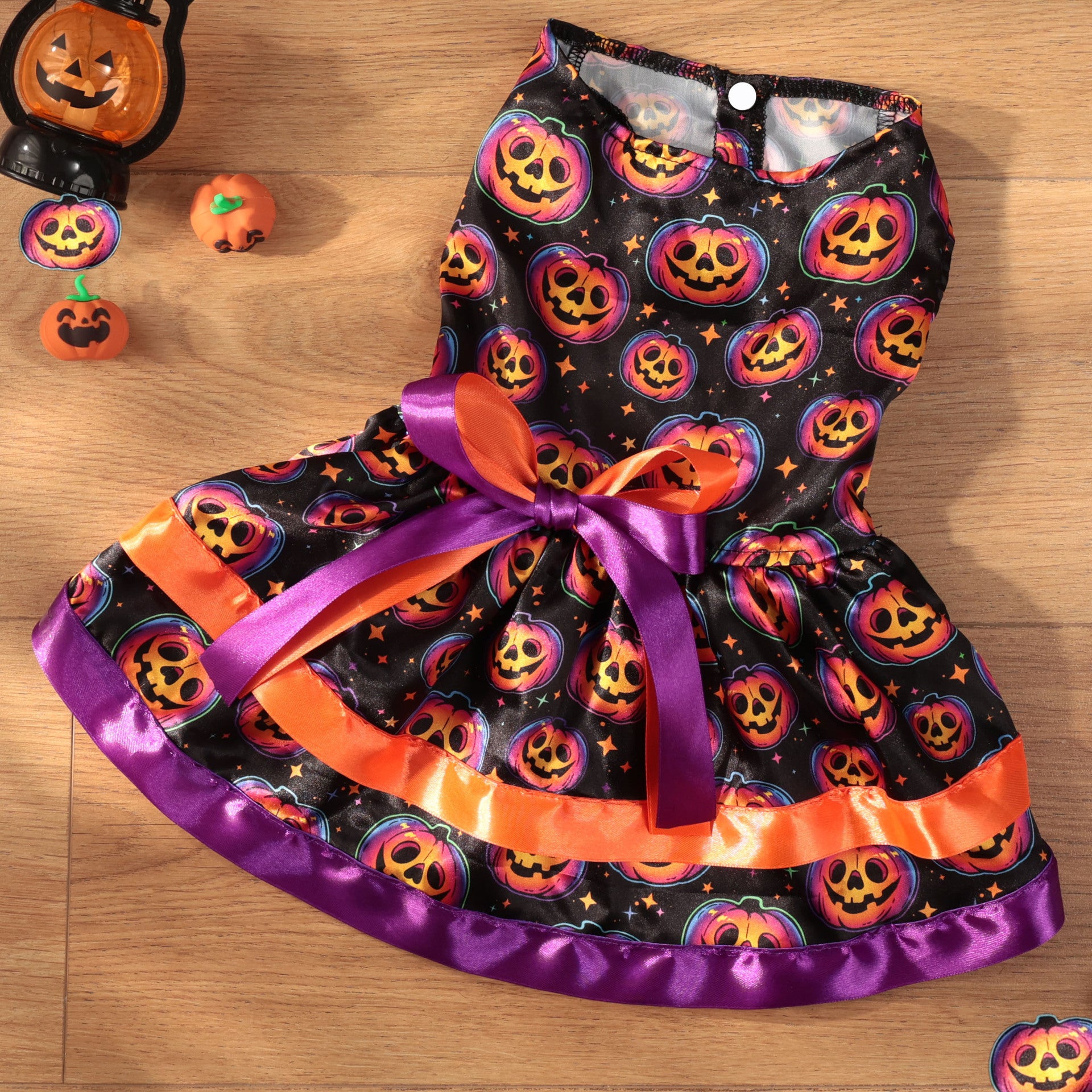 Pet Clothes Dog Halloween Pumpkin Colorful Skull Halloween Party Dress Double Layer Bow Skirt