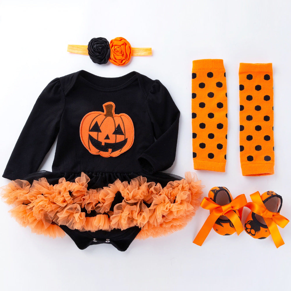 Cute Long Sleeve Romper Dress for Baby Girls, Halloween Pumpkin Outfit, 4-Piece Set